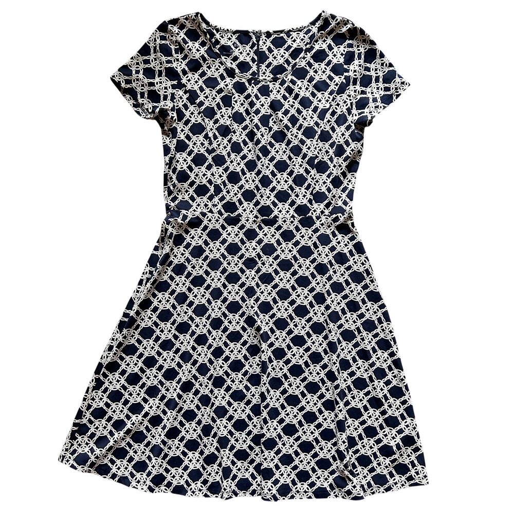 Talbots Navy Blue Cream Nautical Scoop Neck Short Sleeve A Line Dress Medium